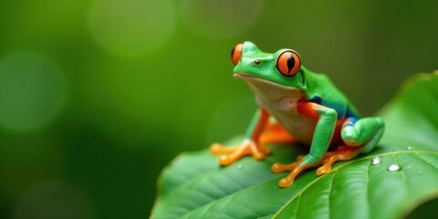 Naklejka premium Vibrant Green Frog with Striking Orange Accents Perched on a Lush Green Leaf, Dew Drops Glistening, a Captivating Display of Nature's Beauty