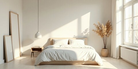 Serene Bedroom Interior Design Minimalist Light Wood Bed, Blank Canvas Art, and Natural Dried Plant Decor