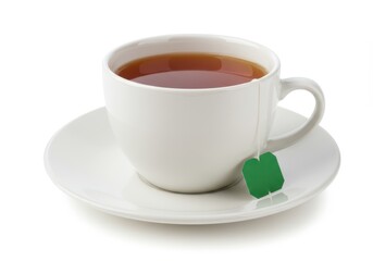 A white ceramic cup and saucer filled with tea with a green tea bag tag hanging over the edge isolated on a white background