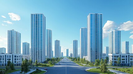 Obraz premium 3D rendering of a modern city with high-rise buildings,with other residential blocks behind it