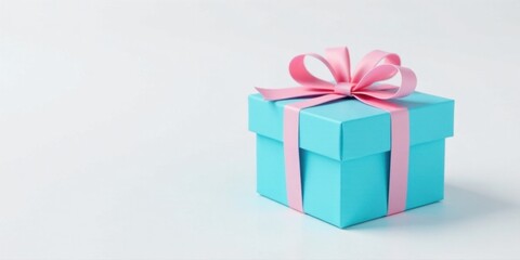 Obraz premium A light blue gift box with a pale pink ribbon, perfect for celebrations and gifting occasions.