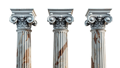 Obraz premium Three majestic stone columns with intricate carvings and marble veining stand against a plain white backdrop