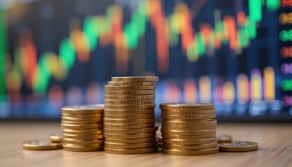 Gold coins stacked, stock market chart background, investment growth