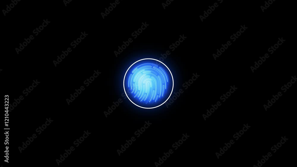 Poster abstract glowing neon light fingerprint identification, security scanning animation. access granted,