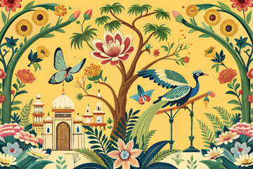 Toile tropical vintage botanical palm trees, banana tree, plants, banyan tree seamless border white background. Graphic jungle mural © Cartoon Maker 2