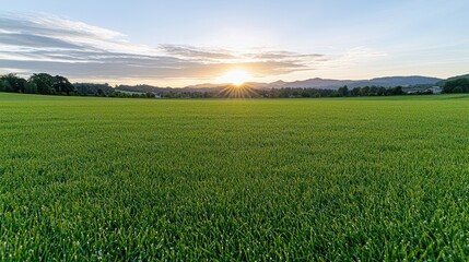 Obraz premium Sunrise over Dewy Green Field, Mountain View