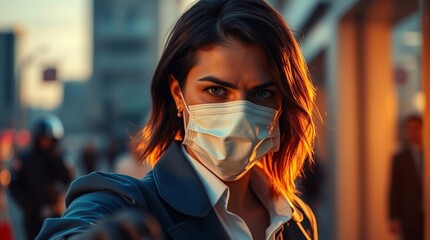 Close-up portrait of woman in medical safety mask on street	