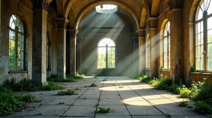 Fototapeta premium Sunbeams Illuminate a Ruined Hallway with Overgrown Vegetation and Large Windows