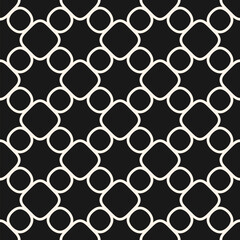Abstract ornamental grid seamless pattern. Vector geometric texture with rounded shapes, circles, curved lines, mesh, lattice. Simple monochrome ornament. Black and white background. All-over design
