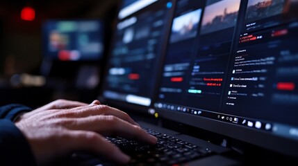 Nightly Data Analysis: A Close-Up of Hands Typing on a Keyboard, Multiple Screens Displaying Complex Data Streams