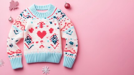 A Christmas sweater design for kids, featuring colorful patterns on a pastel background.