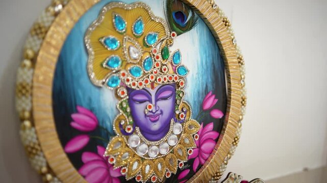 Decorated Lord Krishna Artistic Painting for Hindu Rituals, Indian Home Festival Decoration