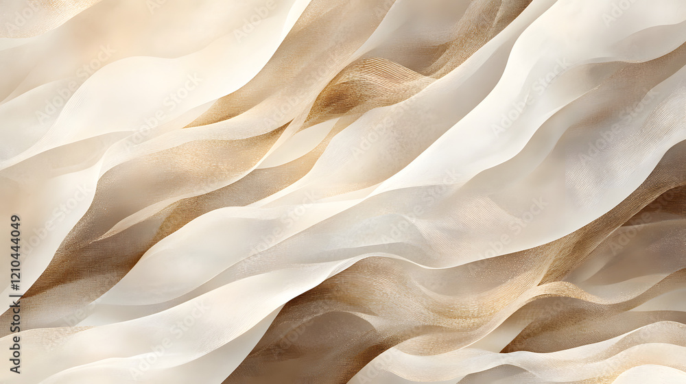 Poster a refined abstract design with flowing wave textures in shades of gold, silver, and muted cream, cre