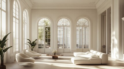 Elegant interior with white minimalist decor, sunlight streaming through large windows, clean lines, serene and bright atmosphere