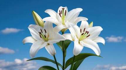 Three White Lilies Against Blue Sky