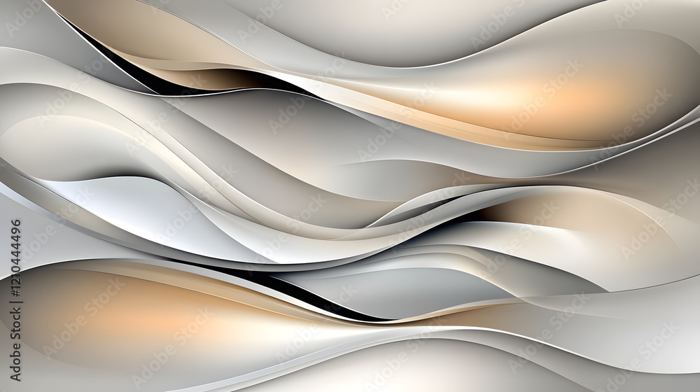 Poster a refined abstract design with flowing wave textures in shades of gold, silver, and muted cream, cre