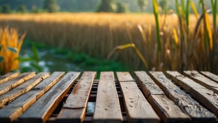 Fototapeta premium Wooden table displaying products with rice field view