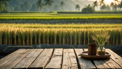 Fototapeta premium Wooden table showcasing products with rice field backdrop