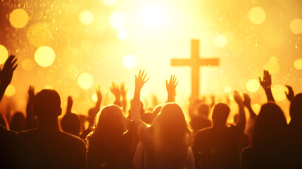 Silhouette of Worshipers with Raised Hands in a Glowing Christian Worship Setting : Generative AI