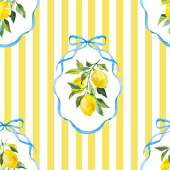 Beautiful vector seamless checkered pattern with bows and lemons. Composition with vintage bows and handmade ribbons. Blue ribbon on a yellow striped background.