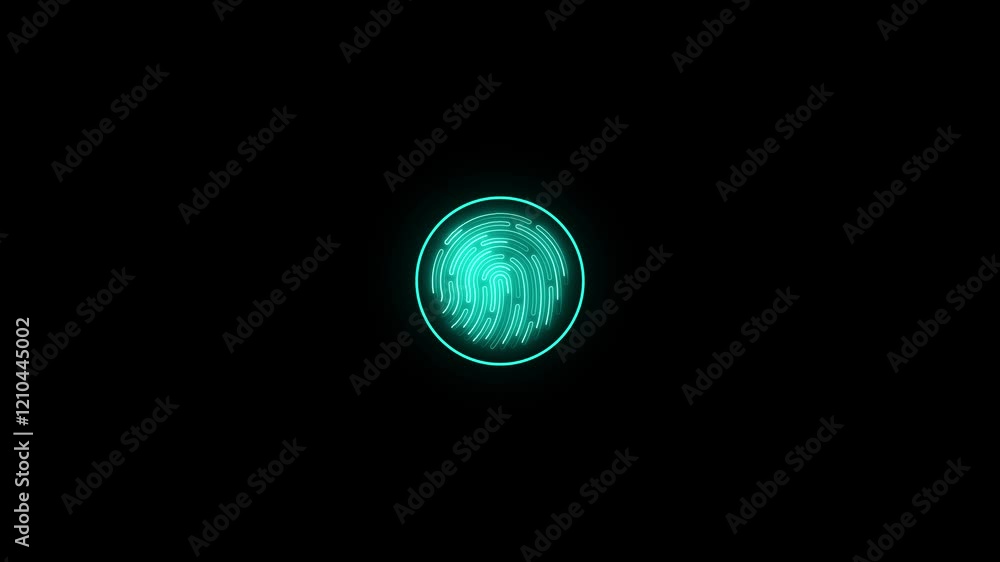 Poster abstract glowing neon light fingerprint identification, security scanning animation. access granted,