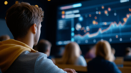 In a high-tech lecture hall, students observe animated graphs and scientific visuals in the air as their professor explains complex academic concepts, making the lesson more engagi