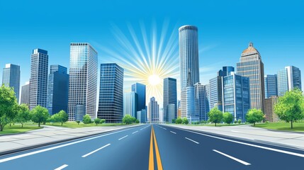 Obraz premium ultrasharp cartoon photography of a beautiful modern city with modern skyscraper in the background, and with an asphalt street in front, sun is shining, blue heaven without clouds, 