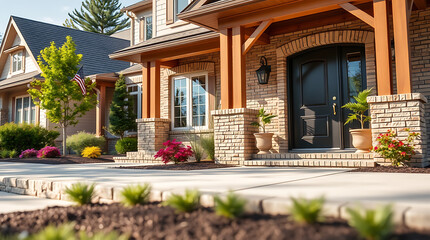 Luxury Brick House Exterior, Landscaping, and Architectural Design. Beautiful Home with Garden and Pathway