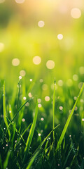 Fototapeta premium Vibrant Green Grass Blades with Morning Dew Under Soft Sunlight Capturing Freshness : Generative AI