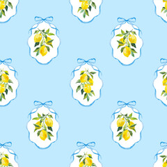 Beautiful vector seamless checkered pattern with bows and lemons. Composition with vintage bows and handmade ribbons. Blue ribbon on a light blue background.