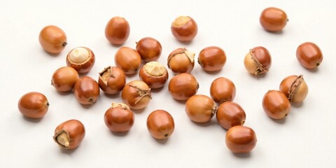 A Collection of Brown Nuts Scattered on a White Surface, Some Showing Their Creamy Interiors