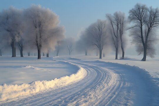 Snowy road curving through frosty trees at sunrise.