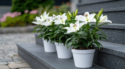 White Lilies in Pots on Stone Steps