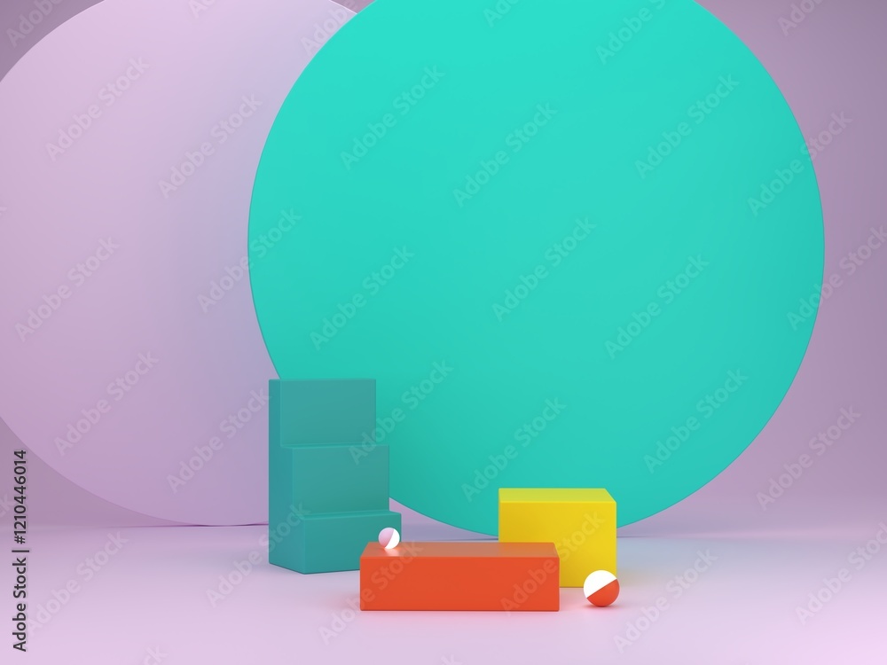 Poster 3d render for products displays. abstract background with curvaceous forms and podium in vibrant col