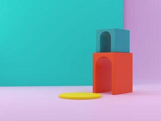 3D render for products displays. Abstract background with curvaceous forms and podium in vibrant colors. Showdisplay, minimal shapes. 