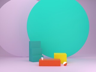 3D render for products displays. Abstract background with curvaceous forms and podium in vibrant colors. Showdisplay, minimal shapes. 