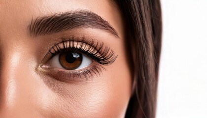 Fototapeta premium a close-up of a woman's eye with long, thick eyelashes. The eye is brown, and the eyelashes are black and full. The look is soft and feminine. The image is perfect for beauty, fashion, and makeup. 