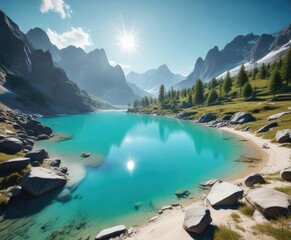 Alpine landscape of a serene valley with a sparkling turquoise lake at its center in clear sunny weather, valley, natural