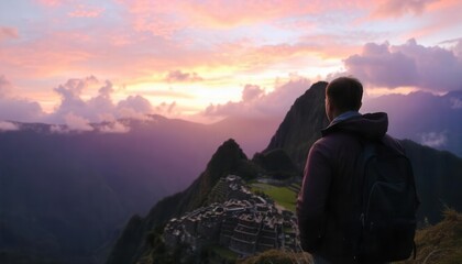 man watching sunset over machu picchu 