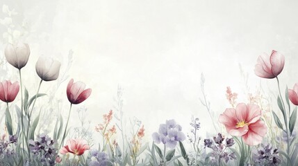 Soft pastel floral border with tulips, poppies and wildflowers on a light background.