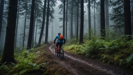 Naklejka premium Biking through a misty forest trail surrounded by lush greenery and towering trees