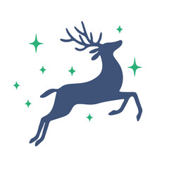 A stylized silhouette of a leaping deer with antlers , colored in dark blue . 