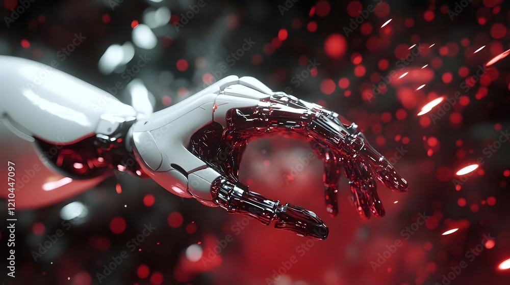 Poster a futuristic robotic hand reaching out amidst a backdrop of dynamic red particles.