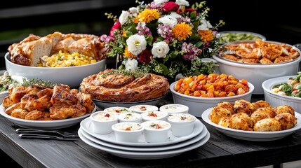 Buffet Feast: Delicious Food & Flowers