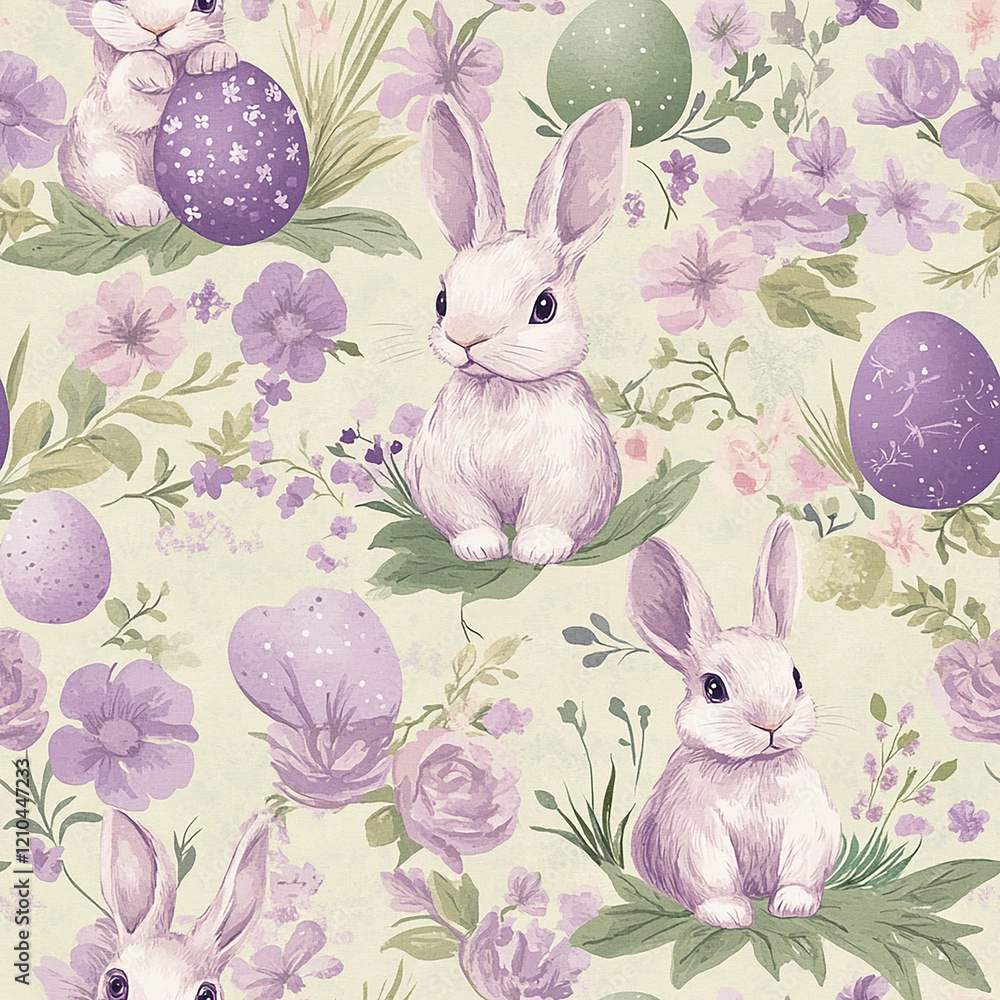 Poster easter pattern of rabbits and eggs with a purple background. the rabbits are sitting on the ground a