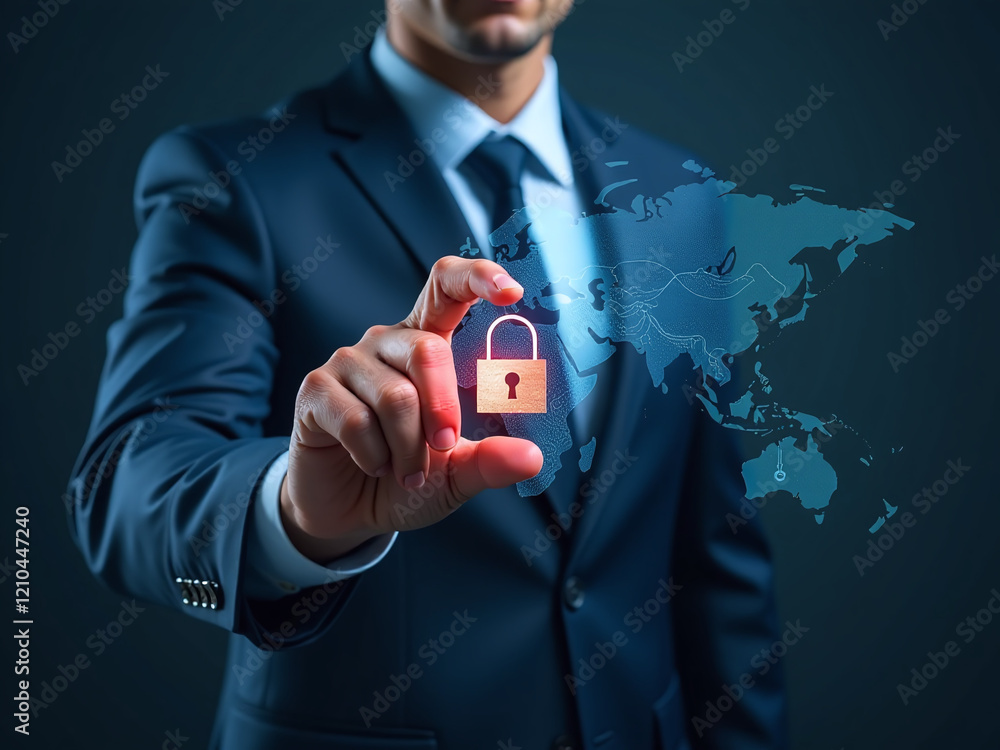 Poster businessman protecting global data network with padlock shield symbolizing secure connection and onl