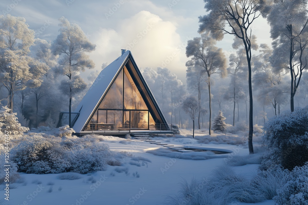 Poster a modern a-frame cabin surrounded by a snowy landscape, with trees covered in frost. the cabin featu