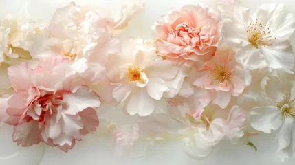Soft pink and white flowers floating on a white background.
