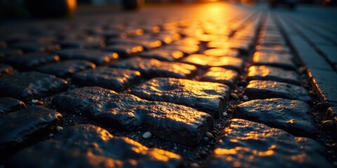 Obraz premium Warm Sunset Glow Illuminates Cobblestone Path, A Textured Surface of Dark Stones Glimmering with Golden Light