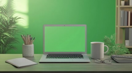 Laptop with green screen, coffee cup, notebook, pencils and glasses on a desk